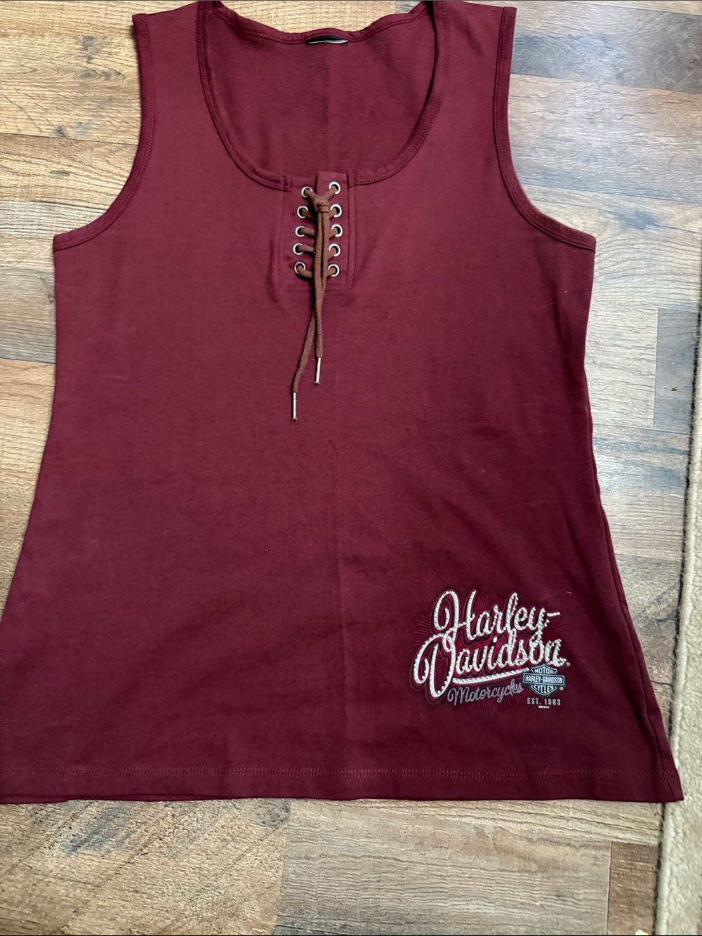 Harley-Davidson Women's Lace-Up Tank Top in Wine Red Reinstone lettering see pic